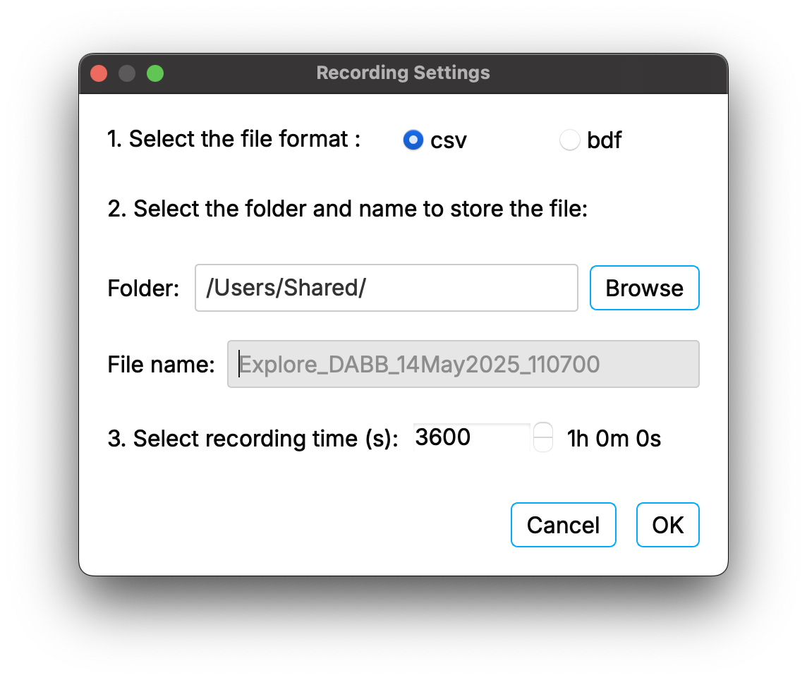 The recording settings of Explore Desktop