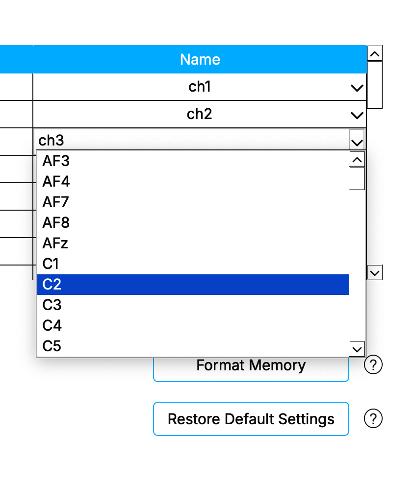 The channel name dropdown menu showing standard position names