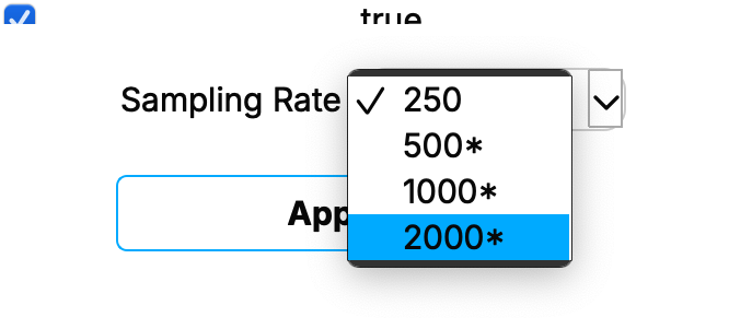 The sampling rate dropdown menu showing online and offline only (*) sampling rates