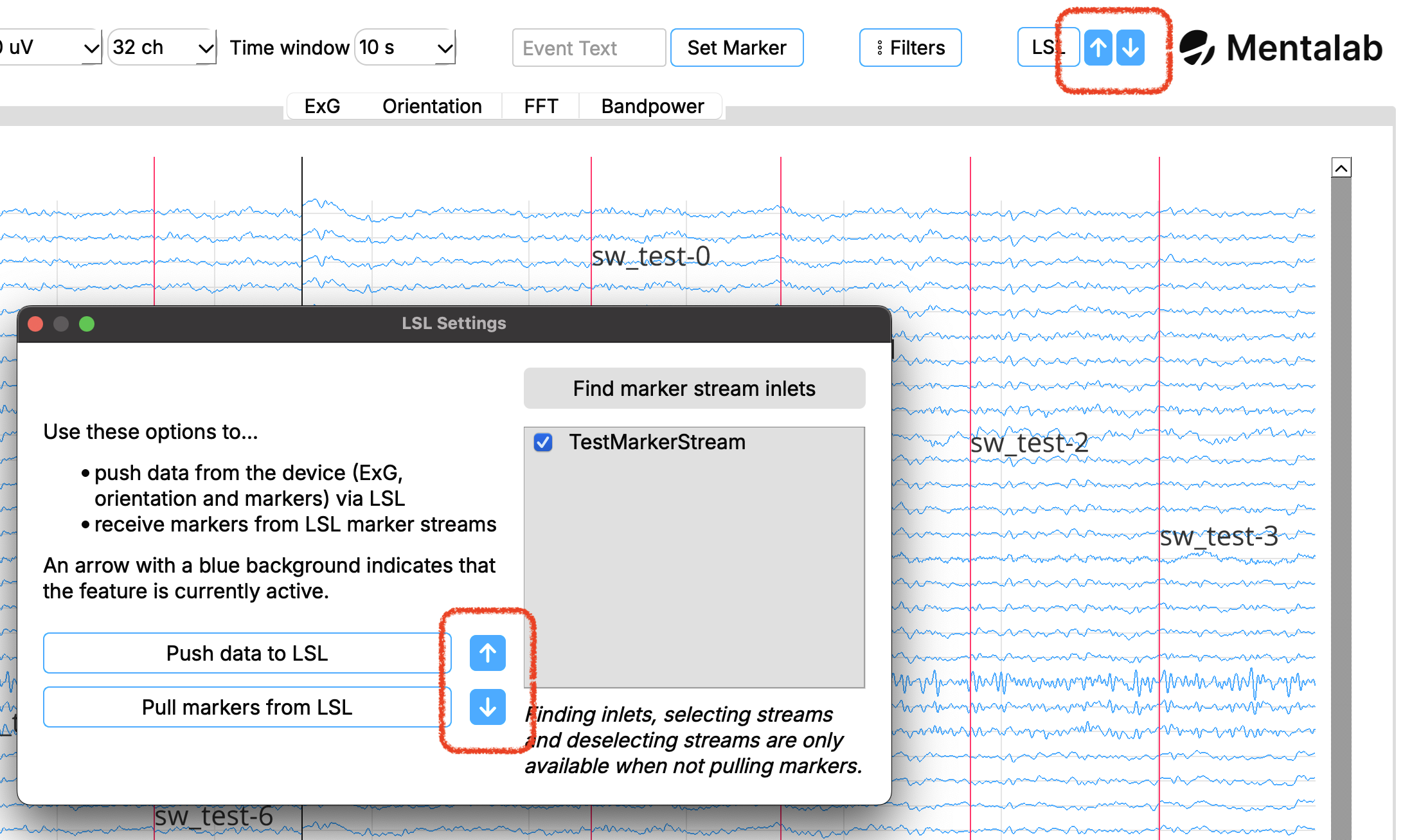 A dialog showing LSL features can be seen in front of ExploreDesktop's visualization page. The screenshot is cut in such a way that only the dialog and the LSL button with two arrow symbols to the right of it are visible. A red box indicates where the arrow symbols are next to the LSL button and in the LSL dialog.