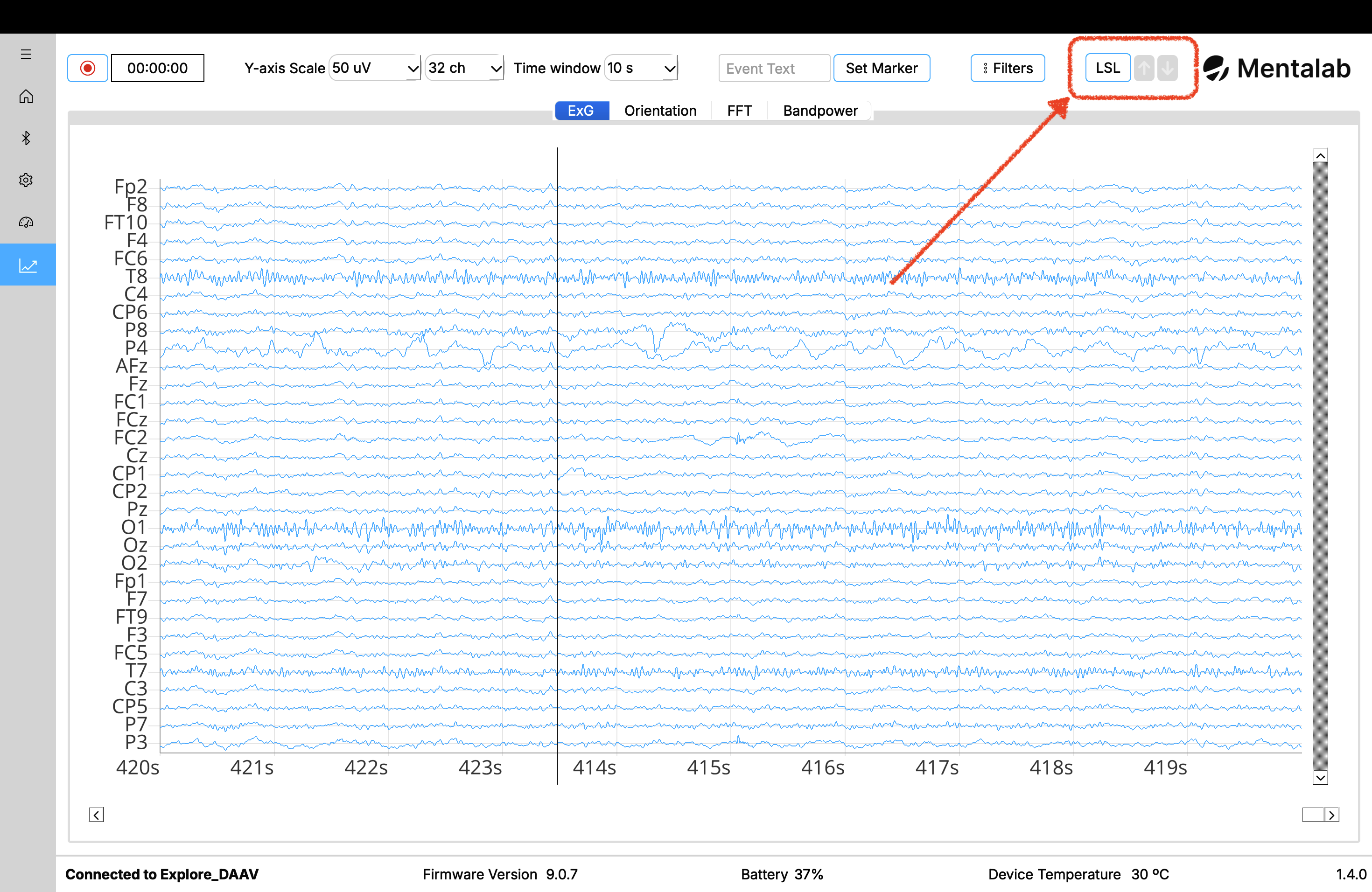 The ExG visualization page with a red arrow pointing to the LSL button and two indicator symbols (an arrow pointing down and an arrow pointing up) on the top right of the window.