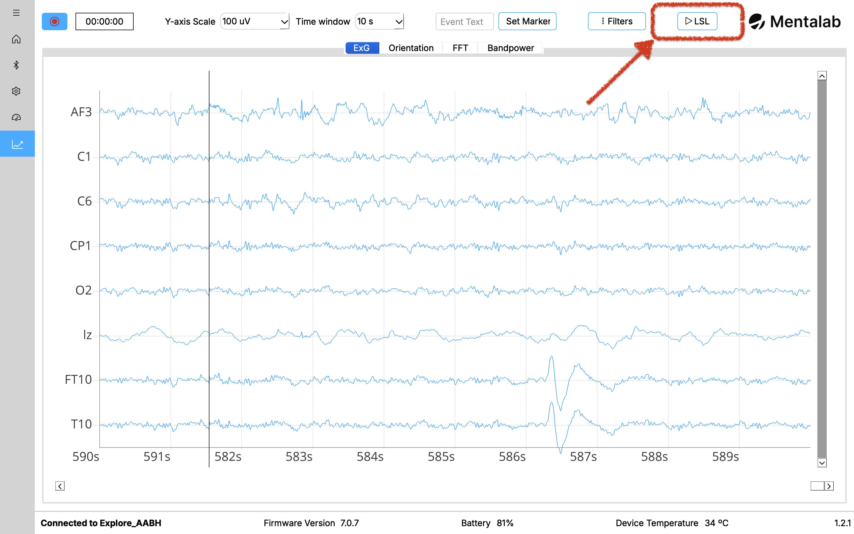 The ExG visualization page with a red arrow pointing to the LSL button on the top right of the window