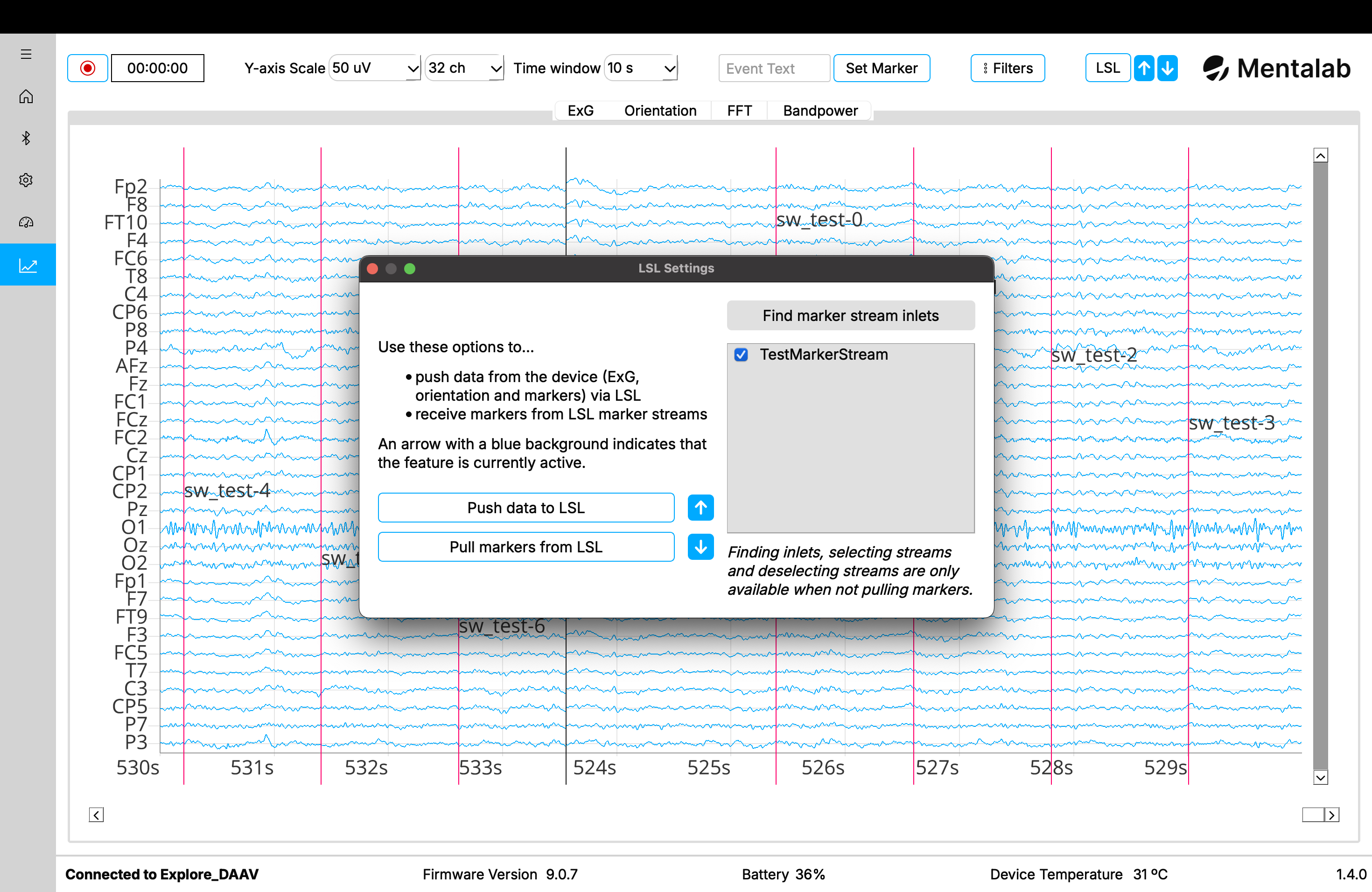 The ExG visualization page can be seen in the background with some markers visible as vertical red lines in the plot. The LSL dialog is shown in front of the page. Next to the push and pull buttons are arrow symbols with blue backgrounds, indicating that pushing and pulling is active. The white box in the right column is greyed out and lists the name of one marker stream with a checked checkbox to the left of it. The button to find marker inlets is greyed out, a warning is shown below the box that finding inlets is only available when not pulling markers.