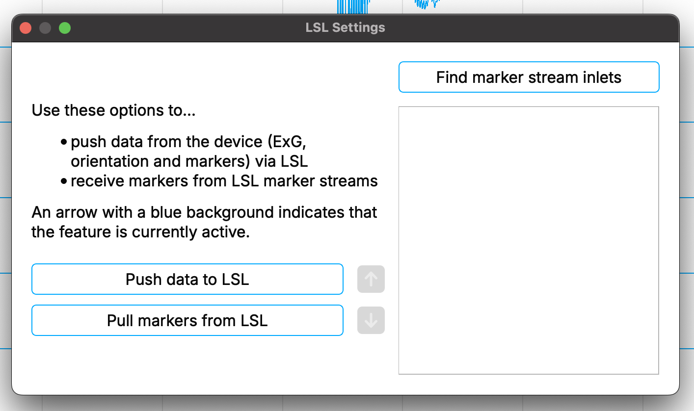 A dialog is shown with two columns of elements. In the left column is general information on what the buttons below do, below this information are two buttons to start pushing or pulling data. In the right column there is a button at the top to find marker inlets and a white box below the button.