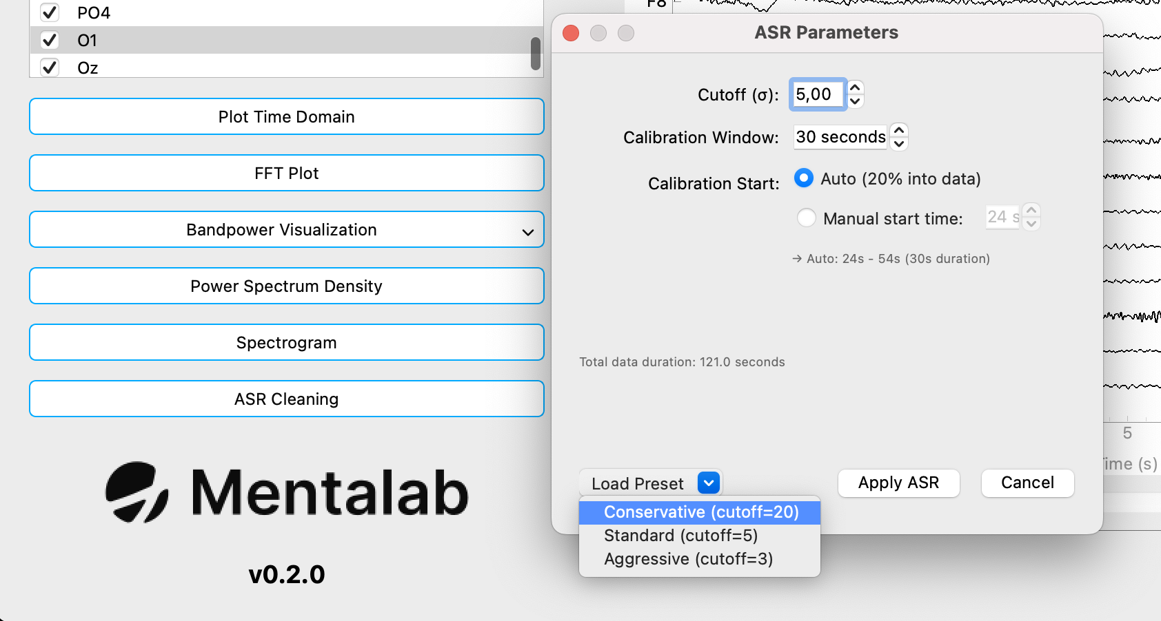 An image showing a section of ExploreSignals. A pop-up can be seen in the image showing various settings for ASR, a Load Preset button, an Apply ASR button and a Cancel button. A submenu can be seen below the Load Preset button showing three options, Conservative (cutoff=20), Standard (cutoff=5) and Aggressive (cutoff=3).