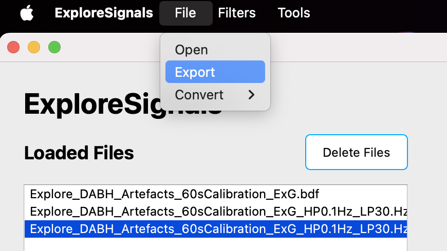 An image showing a section of ExploreSignals with the menu bar visible. The File menu is selected with the submenu showing two actions: Open and Export. A section of the Loaded Files list is visible with a file selected for export.