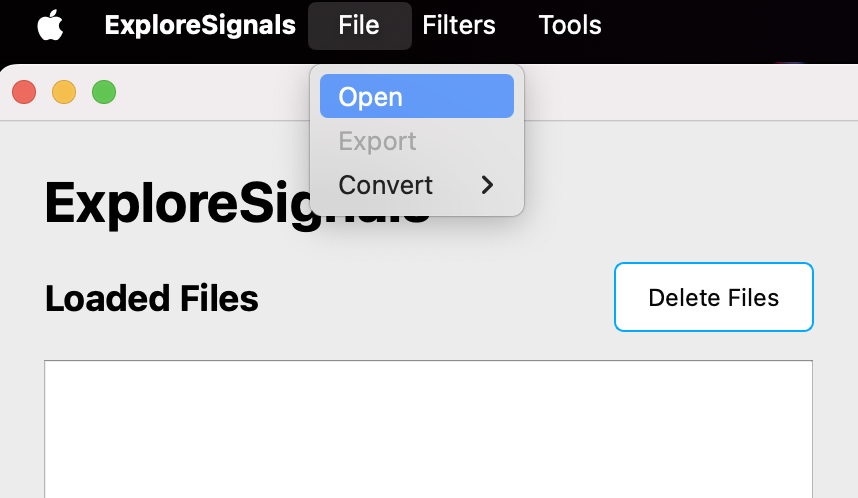 An image showing a section of ExploreSignals with the menu bar visible. The File menu is selected with the submenu showing two actions: Open and Export.