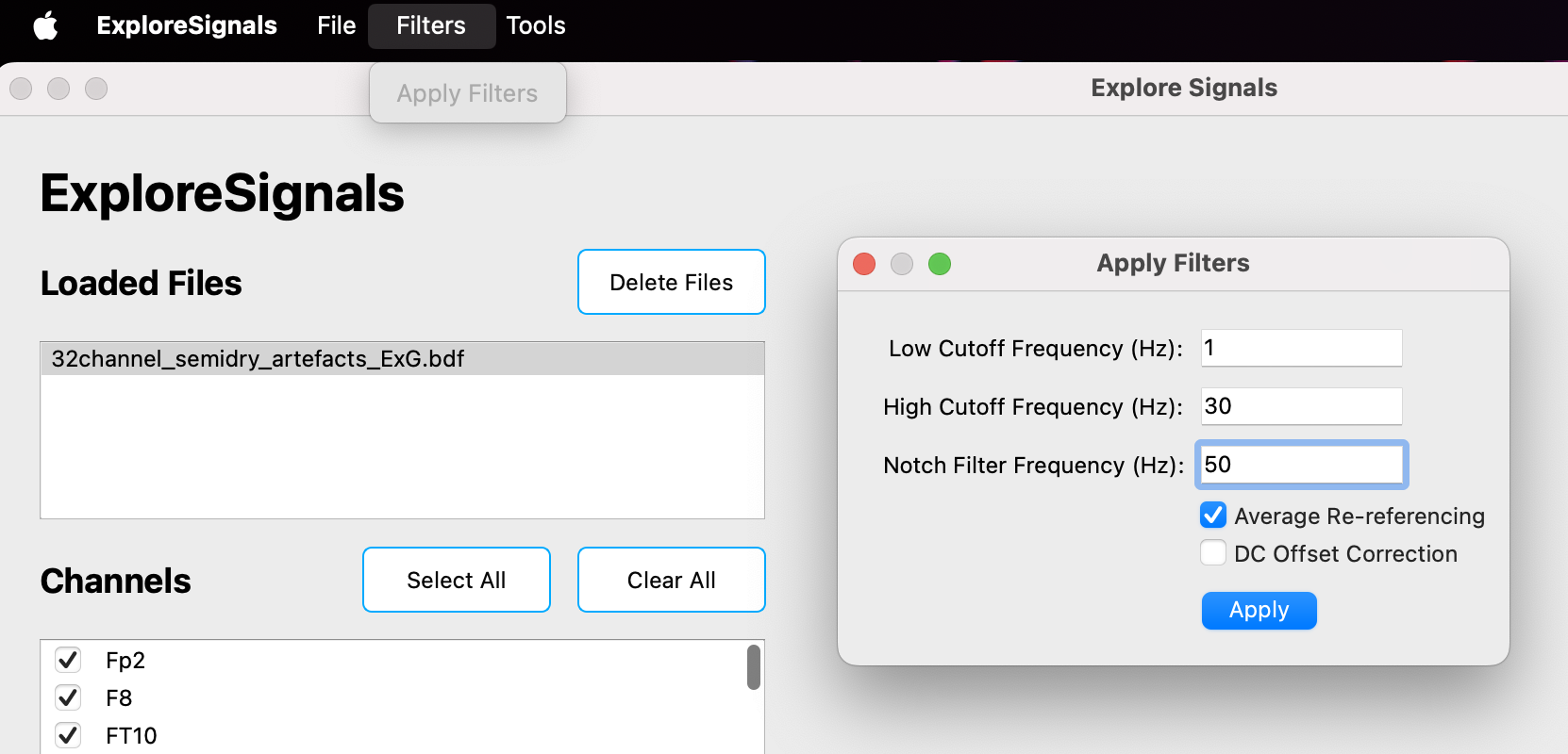 An image showing a section of ExploreSignals with the menu bar visible. The Filters menu is selected with the submenu showing one action: Apply Filters. A pop-up can be seen in the image showing various filter settings and an Apply button.