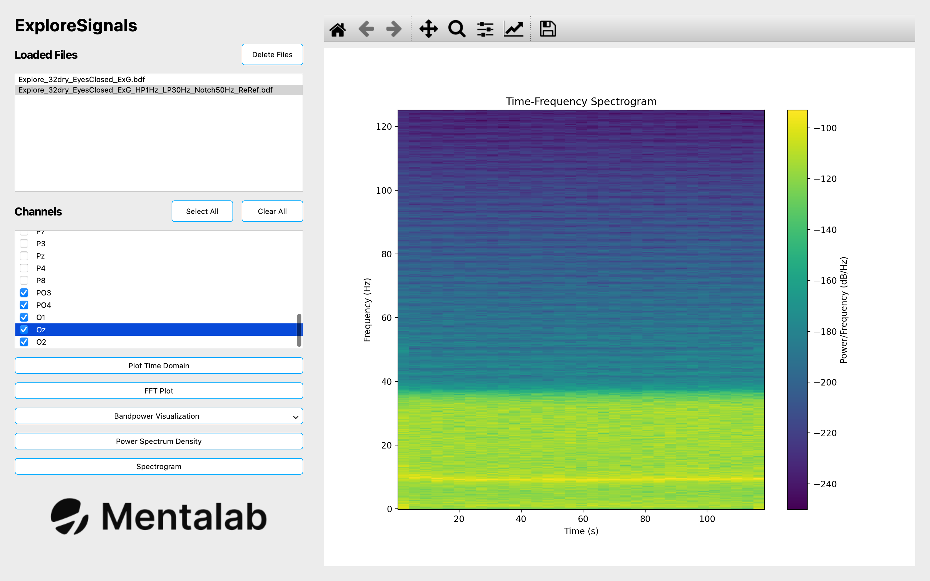 Explore Signals bandpower over time view