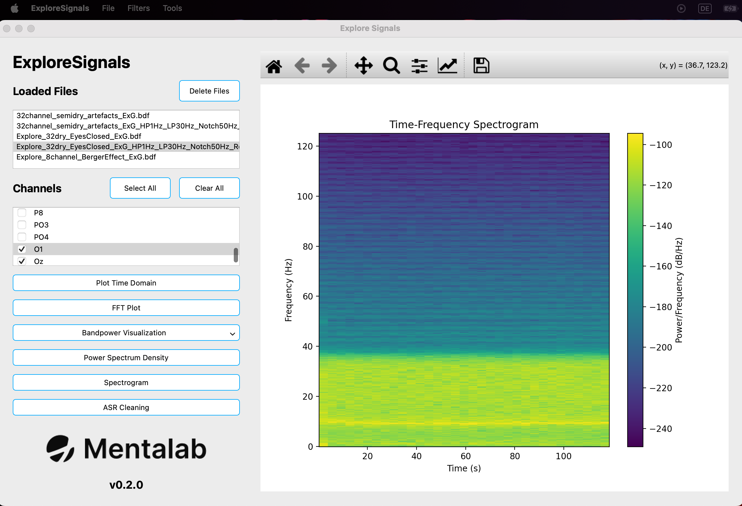 An image showing ExploreSignals visualizing the spectrogram of a selected file in the Loaded Files. The plot shows frequency on the y-axis and time on the x-axis. A third dimension (power/frequency) is visualized using colored cells in the plot. A gradient is visualized to the right of the plot showing what values the colors correspond to. Some of the channels in the Channels list are disabled.