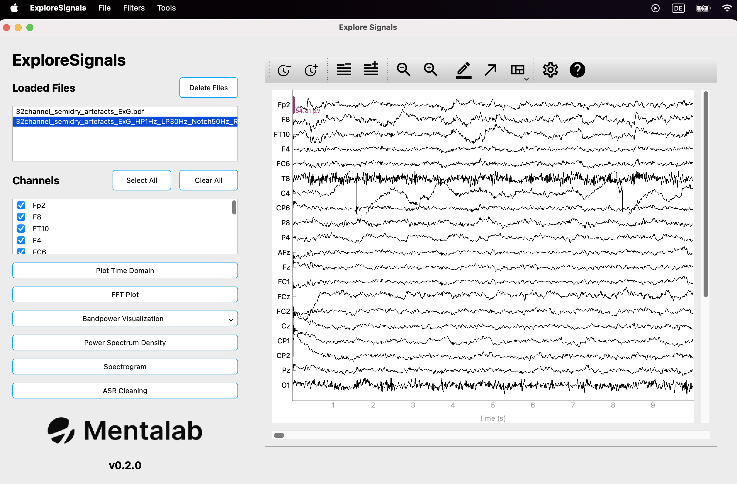 An image showing ExploreSignals visualizing a selected file in the Loaded Files list as signals over time.