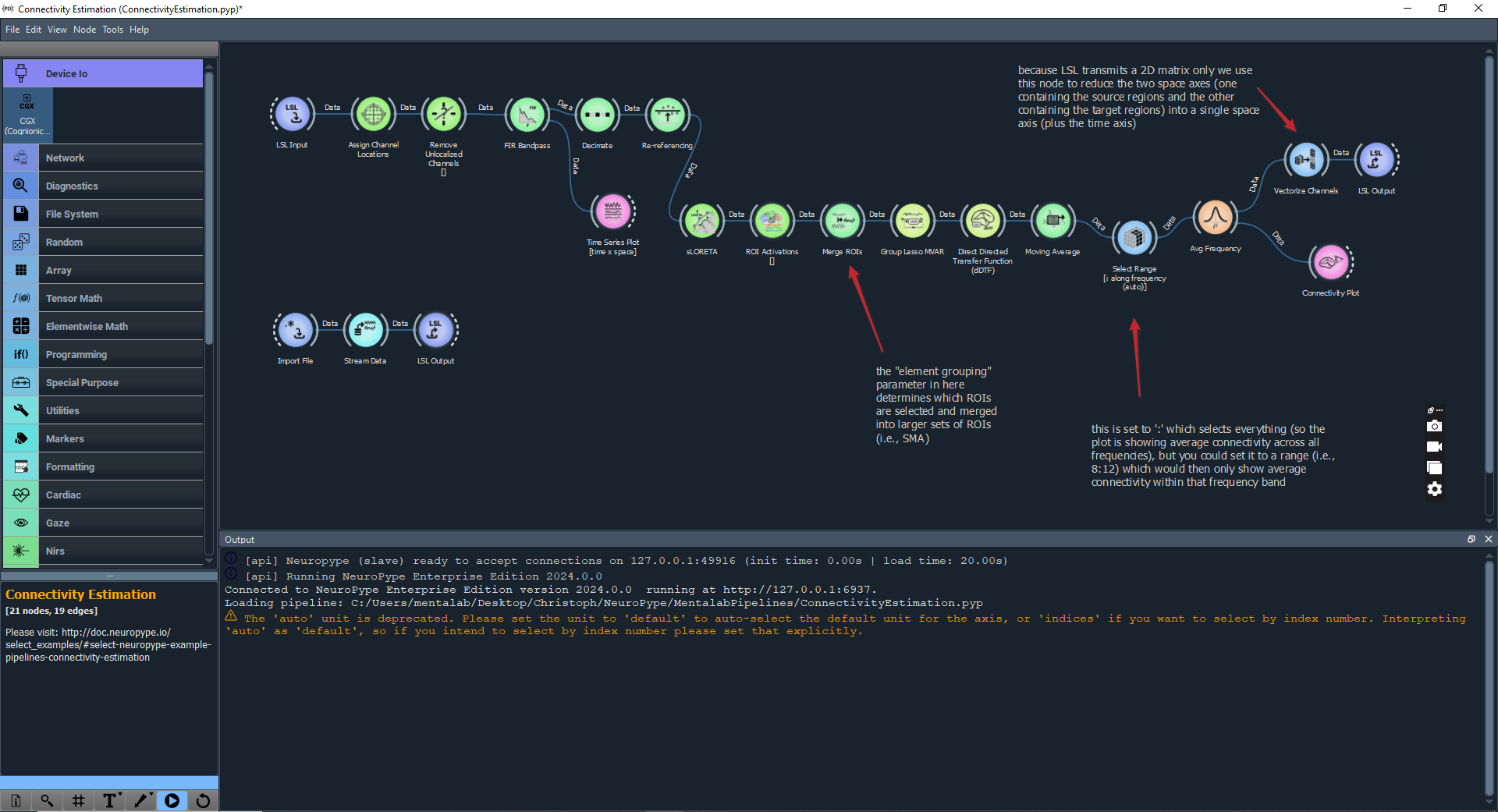 View of the NeuroPype Connectivity Estimation pipeline
