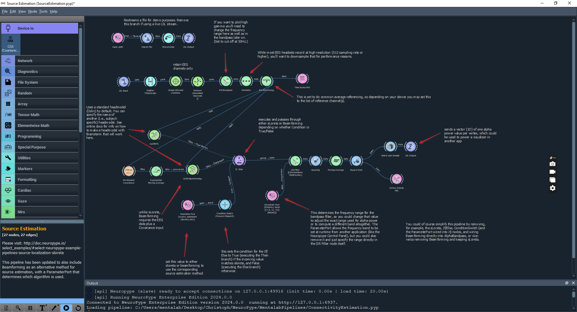 View of the NeuroPype Source localisation pipeline