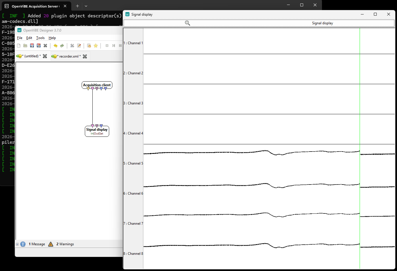 A screenshot showing three windows, one terminal in the background, one window for the OpenViBE Designer in the middle and one window for the Signal display in the foreground. The middle window shows two nodes connected to each other, at the top an Acquisition client node and at the bottom a Signal display node. The foreground window shows eight channels displayed, some of which showing real signals. A green vertical line marks the current time in the plot.