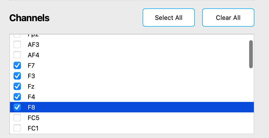 Example of selecting channels in Explore Signals.