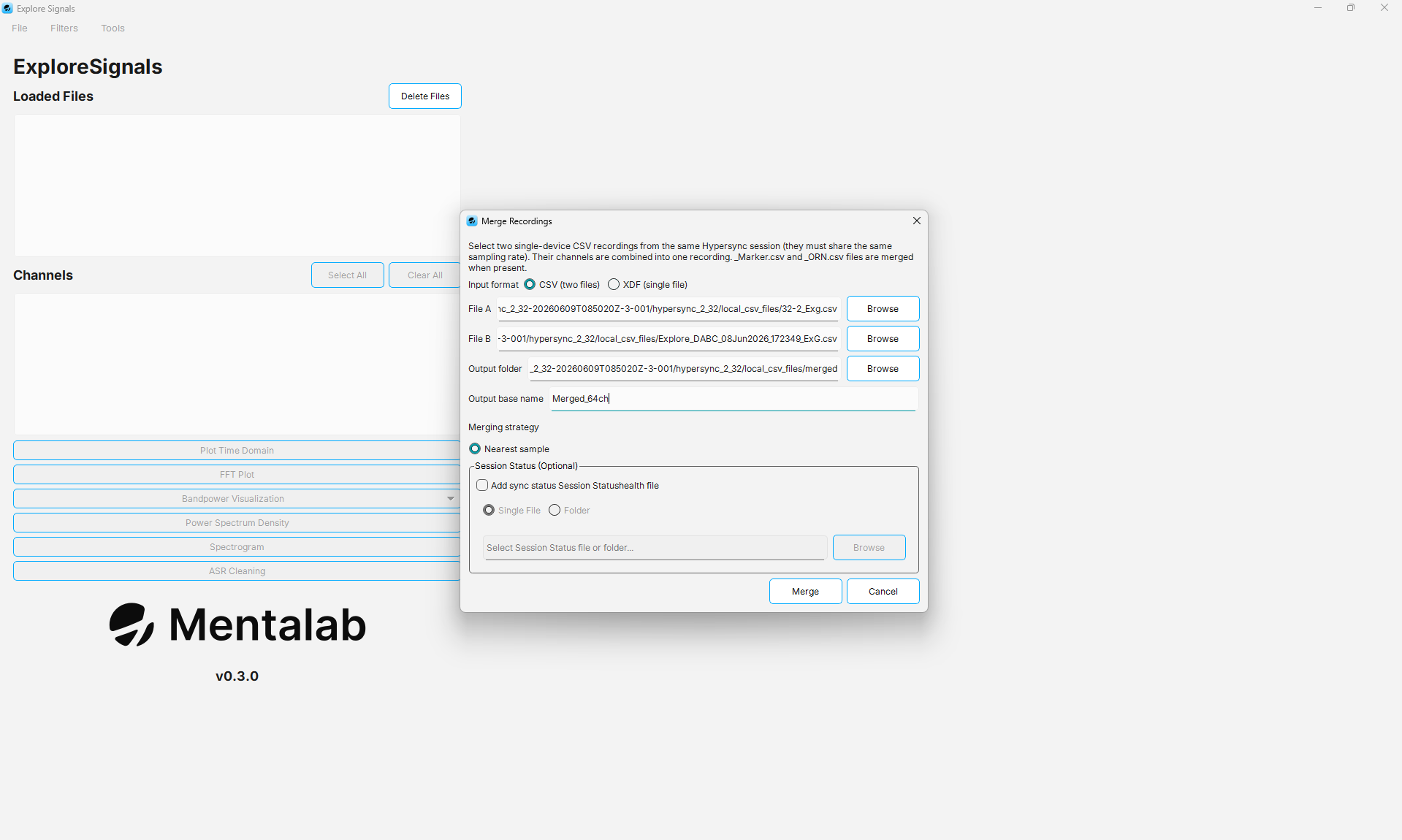 The Merge Recordings dialog in CSV mode with both input files, an output folder, and an output base name set.