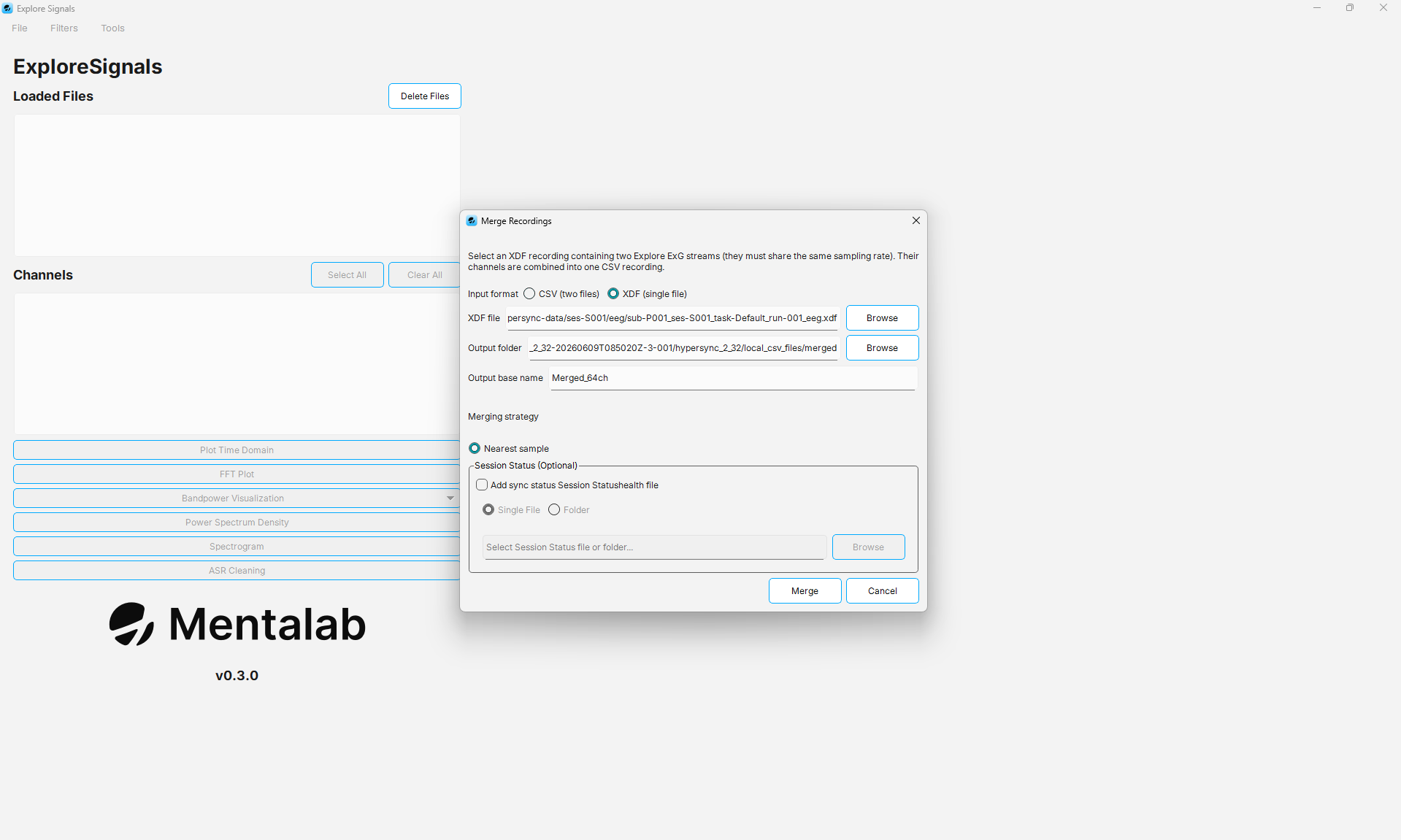 The Merge Recordings dialog in XDF mode, showing a single XDF file field.