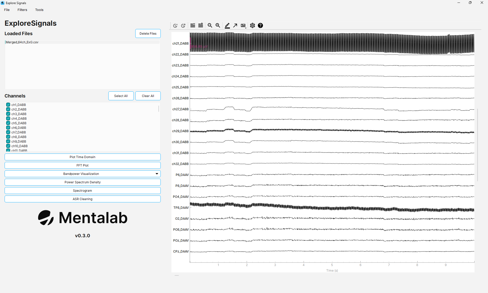 A merged 64-channel recording loaded in Explore Signals, scrolled to the point where the channels of the first device end and those of the second begin.