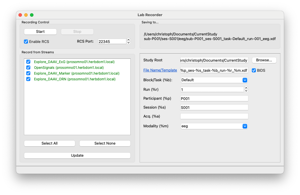 LabRecorder stream selection for Mentalab and PLUX streams