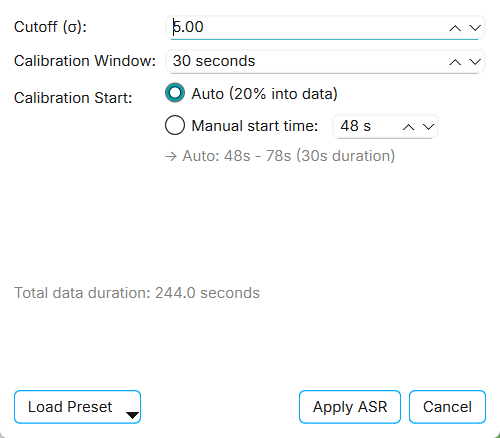 The ASR settings dialog with cutoff 5, a 30 second calibration window, and automatic calibration start.