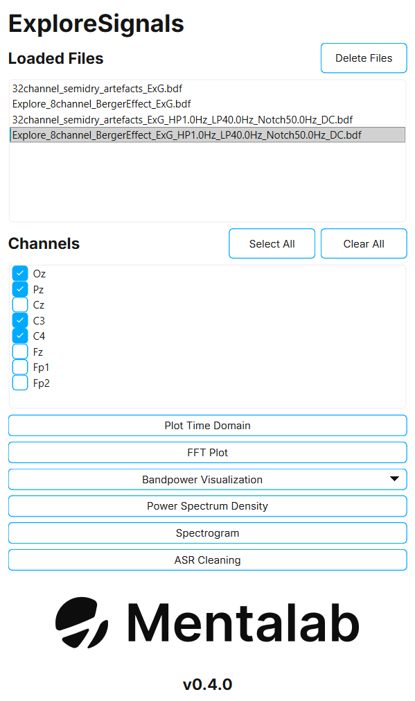 The side panel with loaded files and four of eight channels checked.