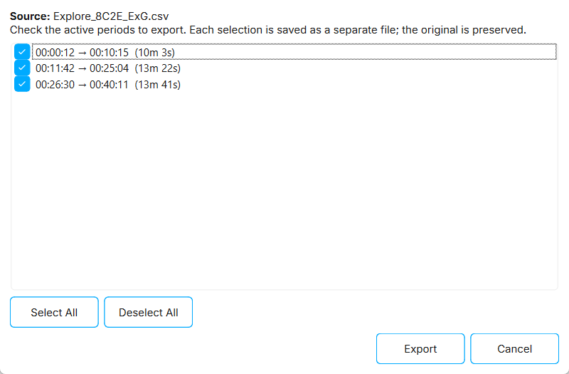 The Export Crop(s) dialog listing three active recording periods, all selected.