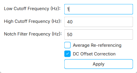 The Apply Filters dialog with a 1 Hz high-pass, 40 Hz low-pass, and 50 Hz notch filter, and DC offset correction selected.