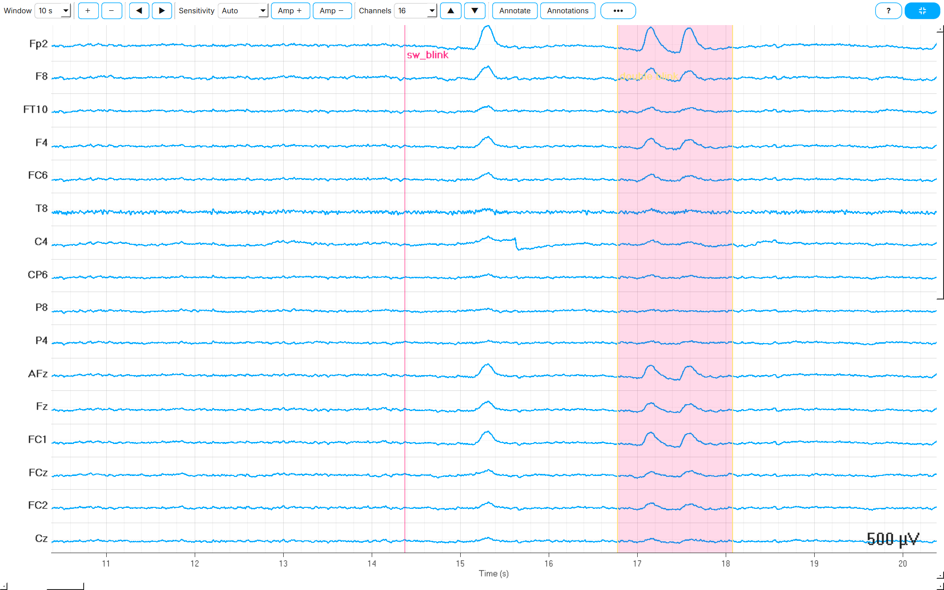 The time-domain viewer in full screen, showing 16 channels of a 32-channel recording with the complete toolbar.