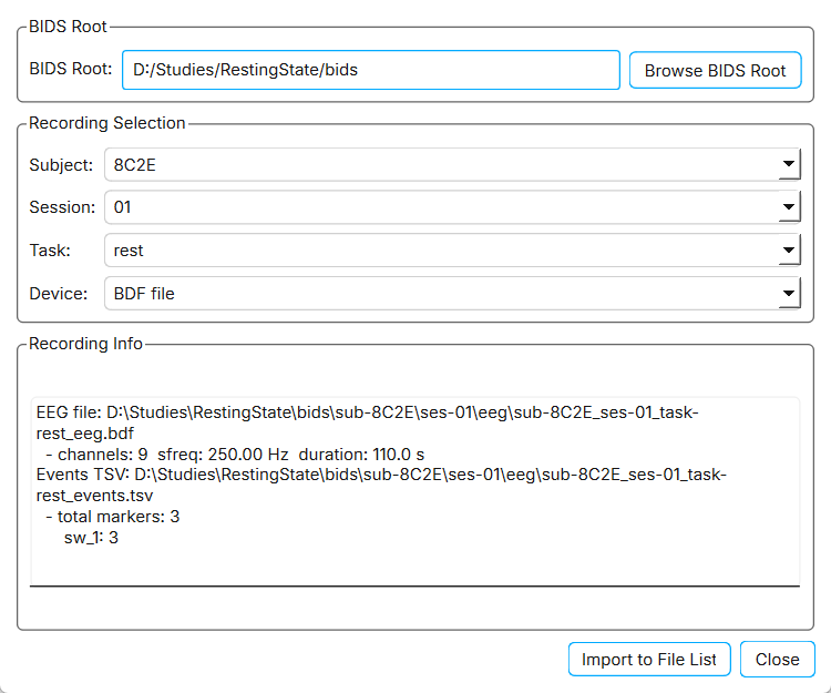 The Import BIDS dialog with a BIDS root selected and subject, session, task, and device chosen.