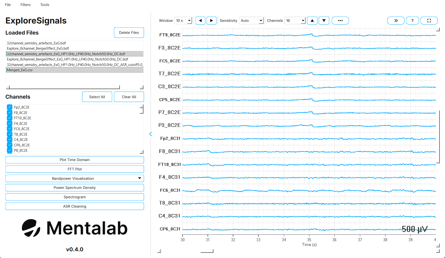 A merged 64-channel recording, scrolled to where the channels of device 8C2E end and those of device 8C31 begin.