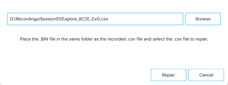 The Repair ExG .csv with .BIN dialog with a recording selected.