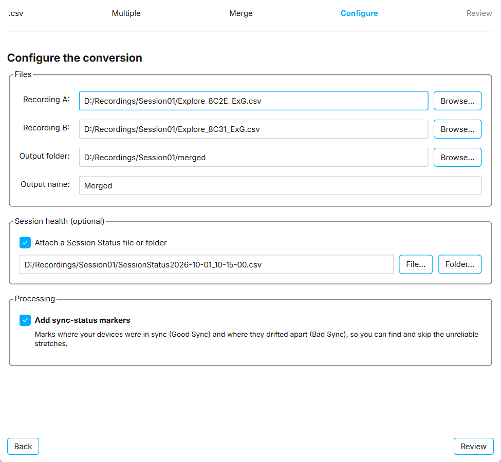 The Configure step of the Convert / Process wizard set up to merge two CSV recordings with sync-status markers.