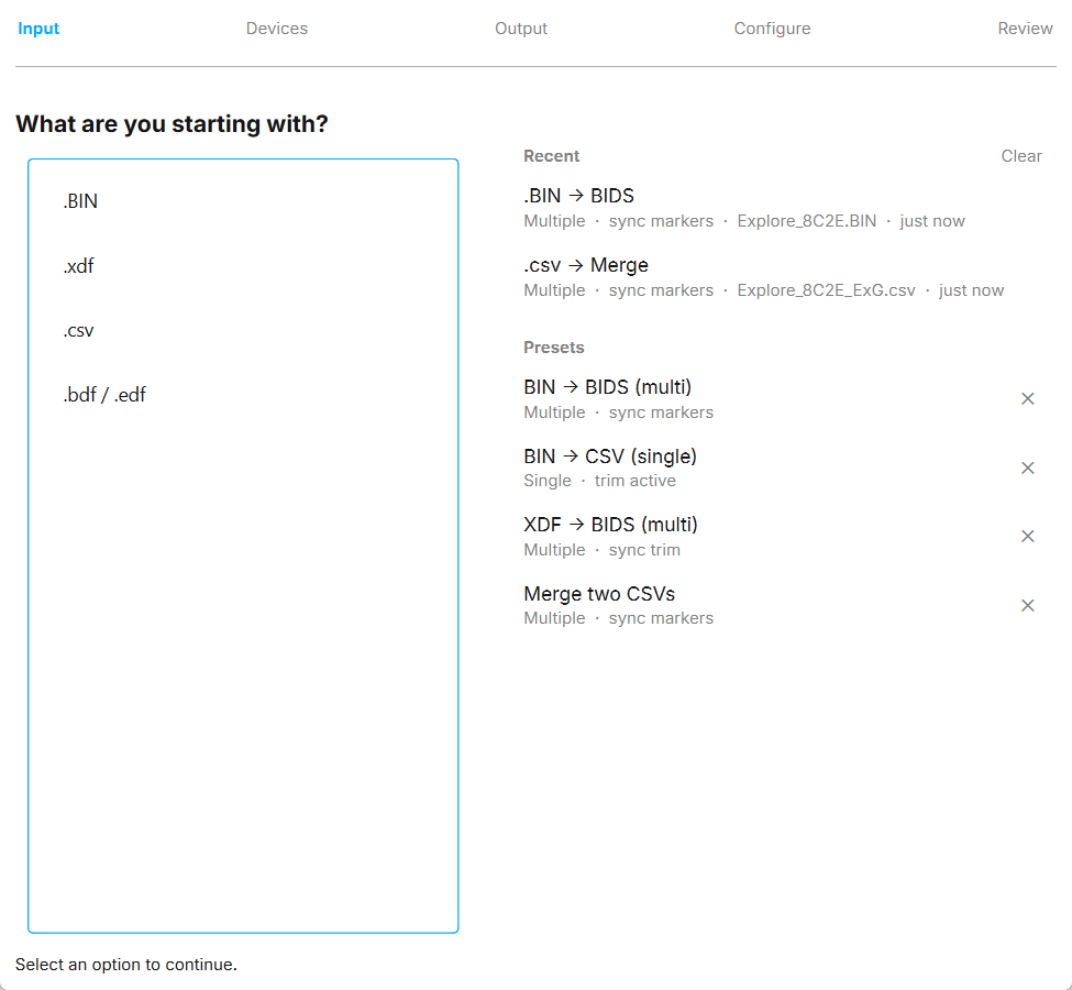The first page of the Convert / Process wizard with the input list on the left and recent runs and presets on the right.