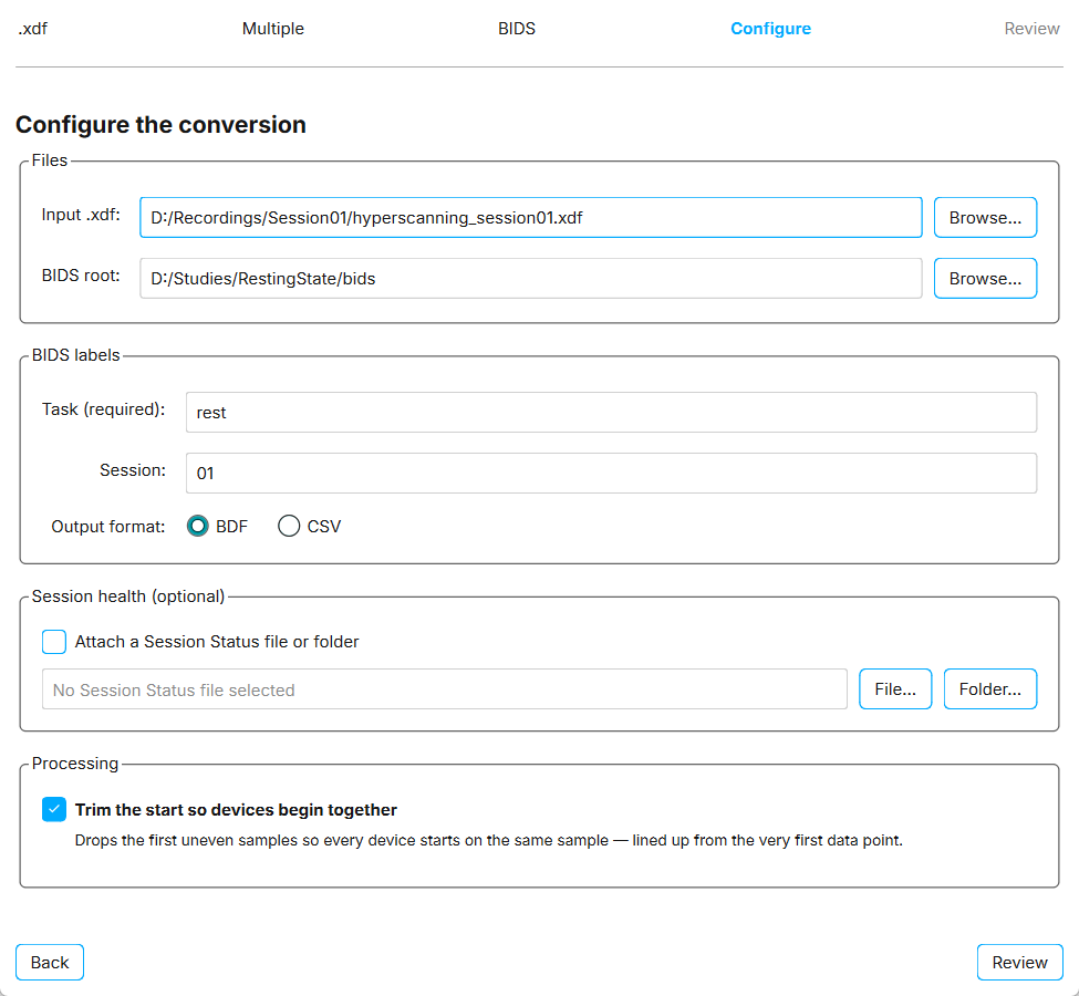 The Configure step for converting an XDF file to BIDS, with task, session, output format, and the sync trim option.
