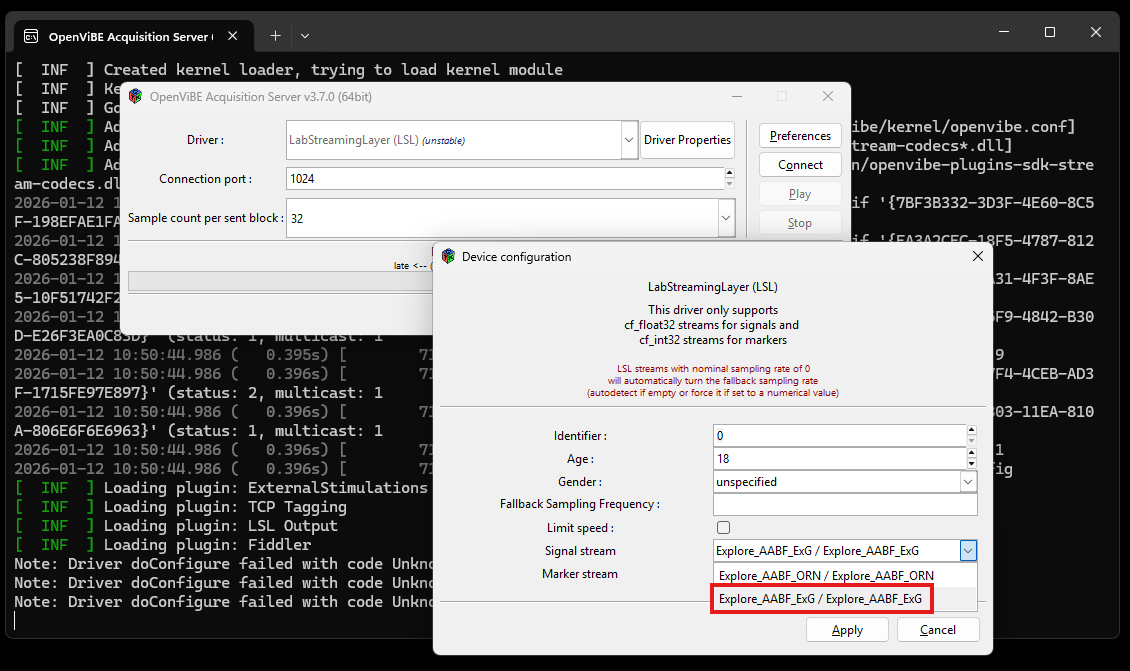 OpenViBE Acquisition Server LSL stream selection