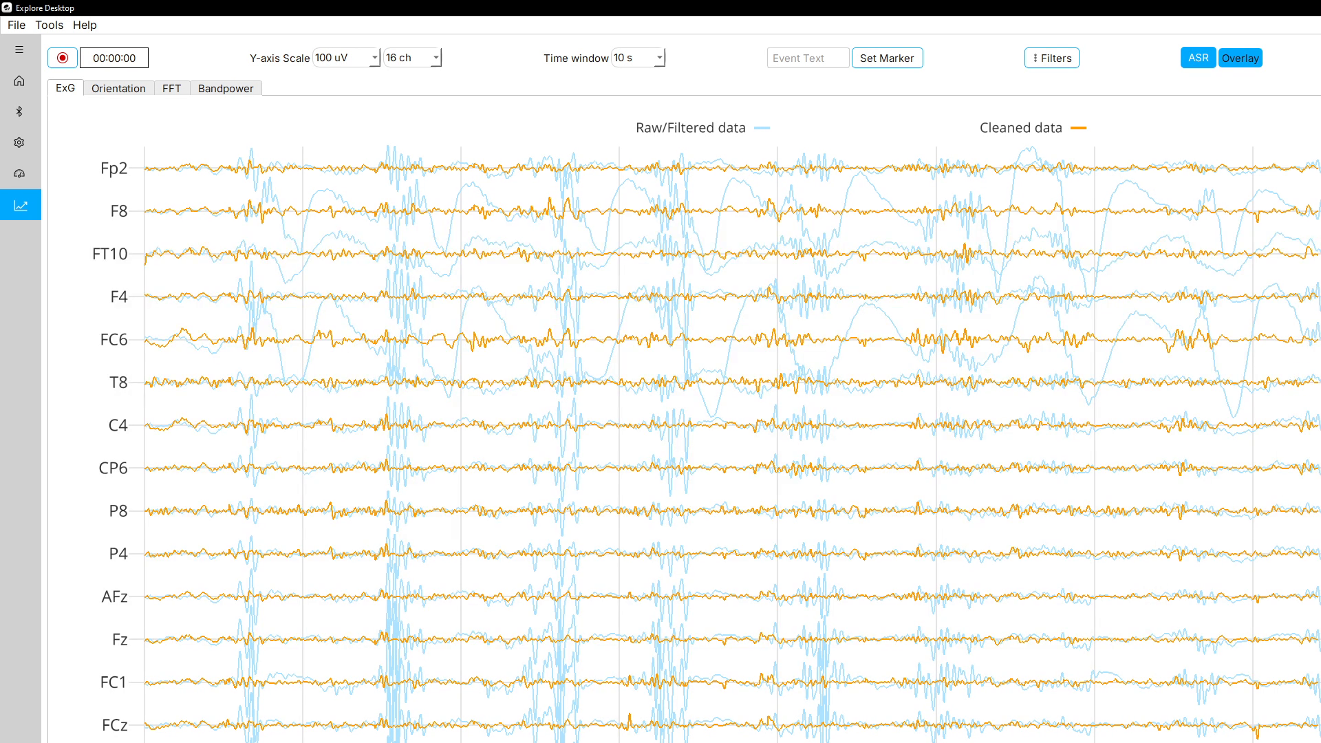 The Visualization page in Overlay draw mode, showing the original signal in blue and the cleaned signal in orange.