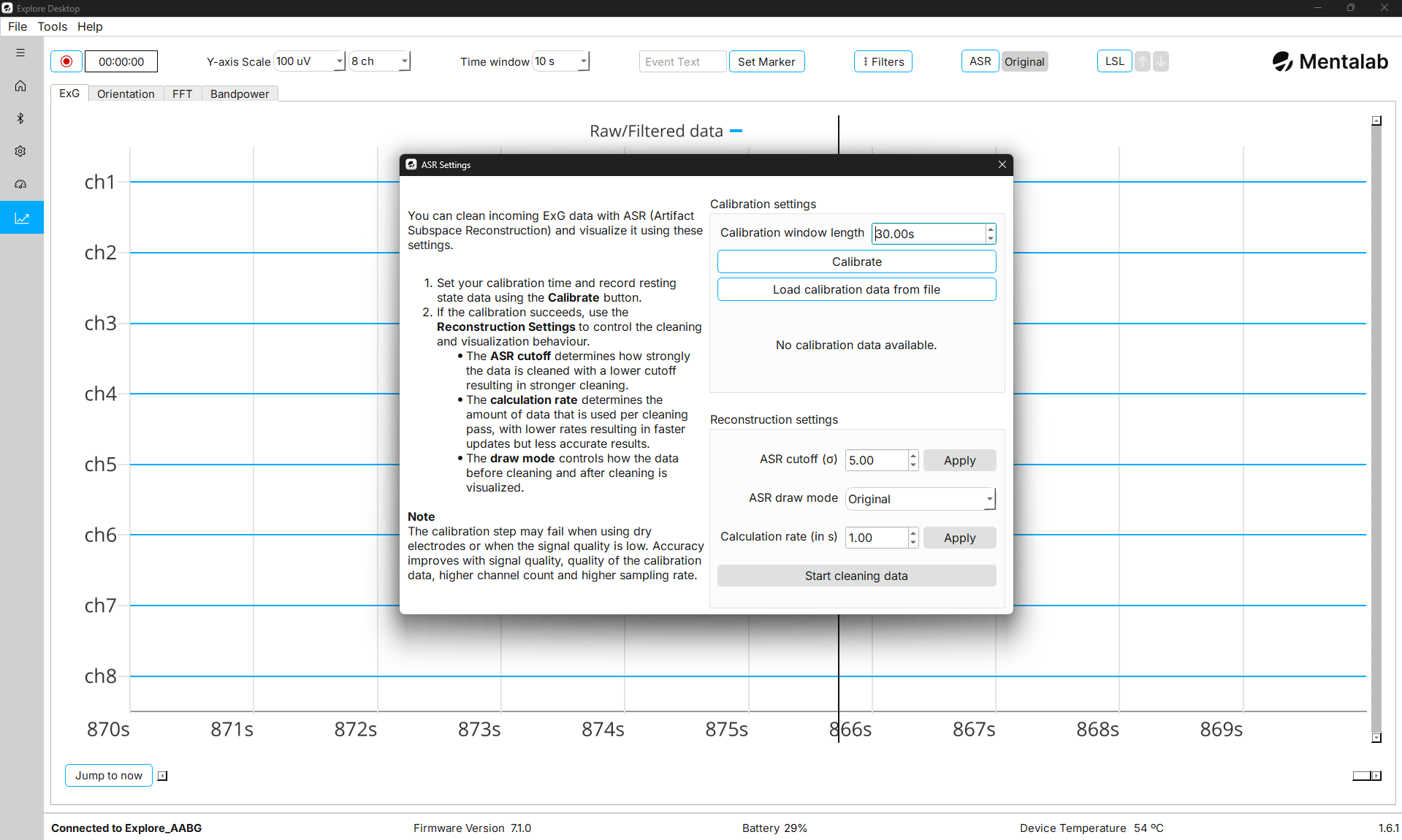The ASR Settings dialog before calibration.